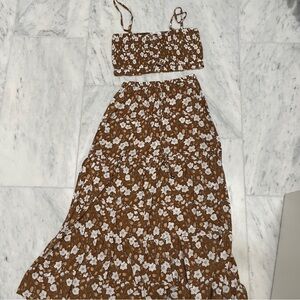 Brown and White Floral Maxi A-Line Skirt and Crop Top Set for Casual Resort Wear